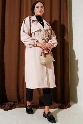 Omuz Pile Detaylı Parçalı Trençkot Bej - Thumbnail