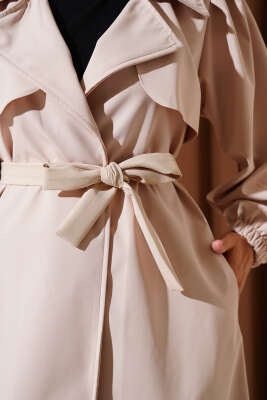 Omuz Pile Detaylı Parçalı Trençkot Bej - Thumbnail