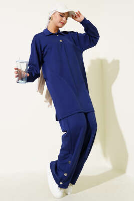 Pazarium - Çıtçıtlı Gömlek Yaka İkili Takım Lacivert