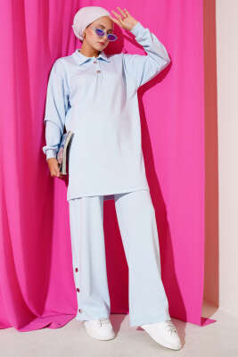 Pazarium - Çıtçıtlı Gömlek Yaka İkili Takım Bebe Mavi