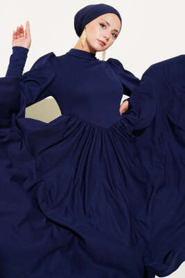 Pazarium - Önü Dikişli Bel Büzgülü Elbise Lacivert
