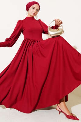 Pazarium - Önü Dikişli Bel Büzgülü Elbise Bordo