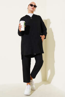 Pazarium - Fermuarlı Kapüşonlu Basic İkili Takım Siyah