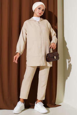 Pazarium - Fermuarlı Kapüşonlu Basic İkili Takım Bej