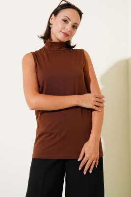 Pazarium - Balıkçı Yaka Kolsuz Kahve Bluz