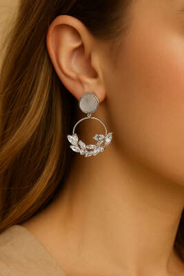 Buğday Taşlı Halka Küpe Gümüş - Thumbnail