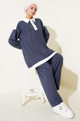 Pazarium - Loyşa Yarım Düğmeli Şerit Detaylı İkili Takım Füme