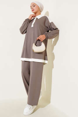 Pazarium - Loyşa Yarım Düğmeli Şerit Detaylı İkili Takım Vizon