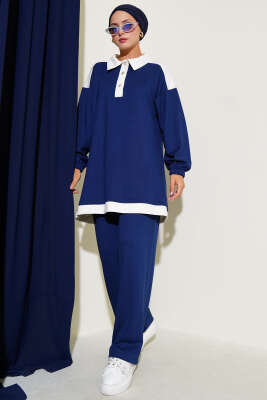 Pazarium - Loyşa Yarım Düğmeli Şerit Detaylı İkili Takım Lacivert