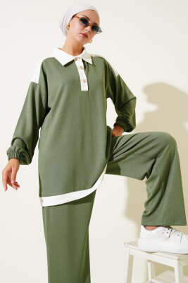 Loyşa Yarım Düğmeli Şerit Detaylı İkili Takım Çağla Yeşili - Thumbnail