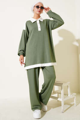 Loyşa Yarım Düğmeli Şerit Detaylı İkili Takım Çağla Yeşili - Thumbnail