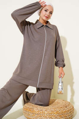 Pazarium - Loyşa Taş Süslemeli Fermuarlı İkili Takım Vizon