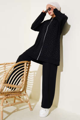 Pazarium - Loyşa Taş Süslemeli Fermuarlı İkili Takım Siyah