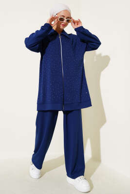 Pazarium - Loyşa Taş Süslemeli Fermuarlı İkili Takım Lacivert