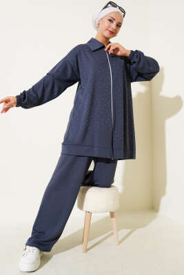 Pazarium - Loyşa Taş Süslemeli Fermuarlı İkili Takım Füme