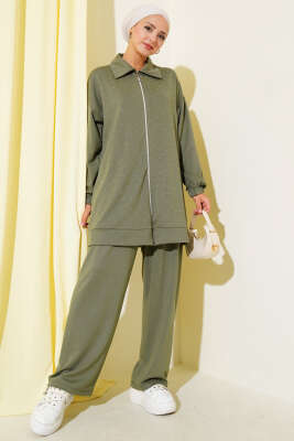 Pazarium - Loyşa Taş Süslemeli Fermuarlı İkili Takım Çağla Yeşili