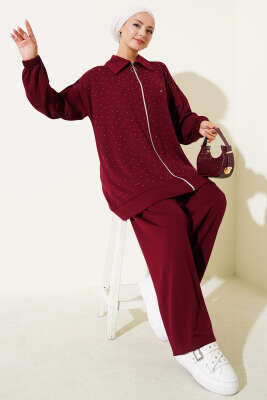 Pazarium - Loyşa Taş Süslemeli Fermuarlı İkili Takım Bordo