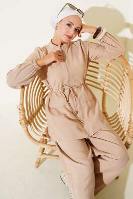 Pazarium - Bel Tünelli Cep Kapaklı Tensel İkili Takım Latte