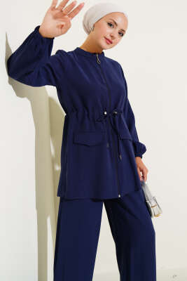 Pazarium - Bel Tünelli Cep Kapaklı Tensel İkili Takım Lacivert