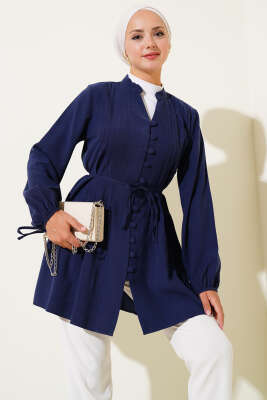 Brit Düğmeli Pileli Tensel Gömlek Lacivert - Thumbnail