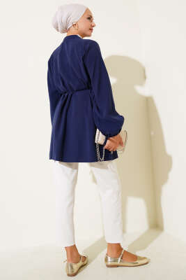 Brit Düğmeli Pileli Tensel Gömlek Lacivert - Thumbnail