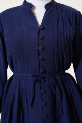 Brit Düğmeli Pileli Tensel Gömlek Lacivert - Thumbnail