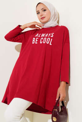 Pazarium - Always Be Cool Baskılı Tunik Bordo
