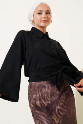 Yandan Bağlama Detaylı Kısa Gömlek Siyah - Thumbnail