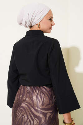 Yandan Bağlama Detaylı Kısa Gömlek Siyah - Thumbnail