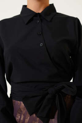 Yandan Bağlama Detaylı Kısa Gömlek Siyah - Thumbnail