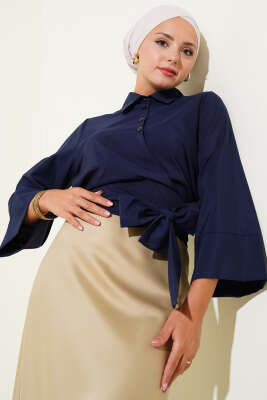 Pazarium - Yandan Bağlama Detaylı Kısa Gömlek Lacivert