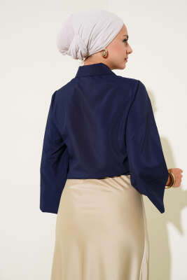 Yandan Bağlama Detaylı Kısa Gömlek Lacivert - Thumbnail