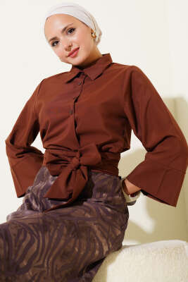 Yandan Bağlama Detaylı Kısa Gömlek Kahve - Thumbnail