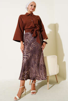 Yandan Bağlama Detaylı Kısa Gömlek Kahve - Thumbnail