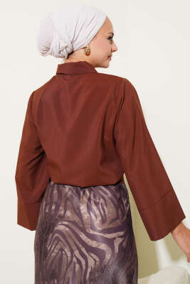 Yandan Bağlama Detaylı Kısa Gömlek Kahve - Thumbnail