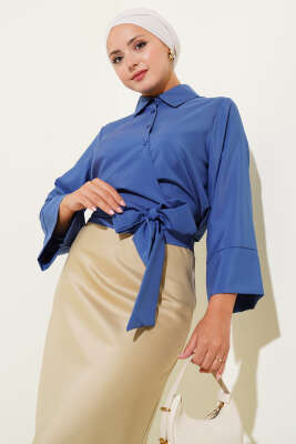 Yandan Bağlama Detaylı Kısa Gömlek İndigo - Thumbnail