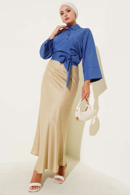 Yandan Bağlama Detaylı Kısa Gömlek İndigo - Thumbnail