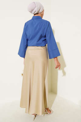 Yandan Bağlama Detaylı Kısa Gömlek İndigo - Thumbnail