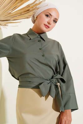 Pazarium - Yandan Bağlama Detaylı Kısa Gömlek Haki