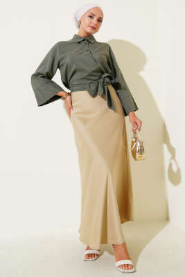 Yandan Bağlama Detaylı Kısa Gömlek Haki - Thumbnail