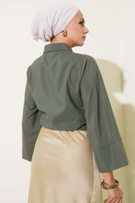 Yandan Bağlama Detaylı Kısa Gömlek Haki - Thumbnail