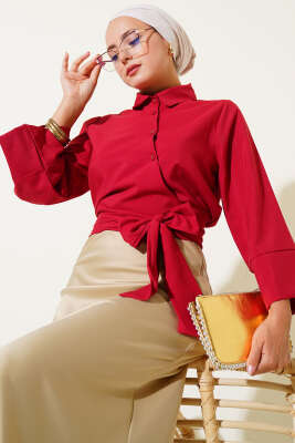 Pazarium - Yandan Bağlama Detaylı Kısa Gömlek Bordo