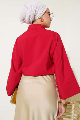 Yandan Bağlama Detaylı Kısa Gömlek Bordo - Thumbnail