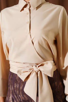 Yandan Bağlama Detaylı Kısa Gömlek Bej - Thumbnail