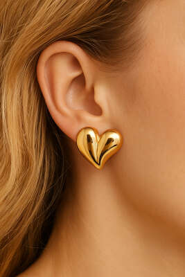 Pazarium - Bombeli Kalp Küpe Gold