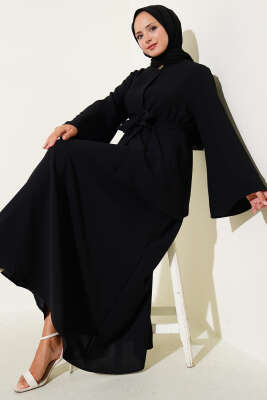 Pazarium - Tek Düğmeli Kuşaklı Dabıl İkili Takım Siyah