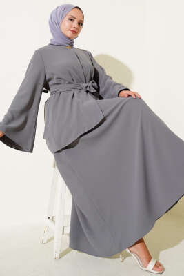 Pazarium - Tek Düğmeli Kuşaklı Dabıl İkili Takım Gri