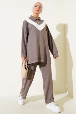 Pazarium - Loyşa Fermuarlı V Şeritli İkili Takım Vizon