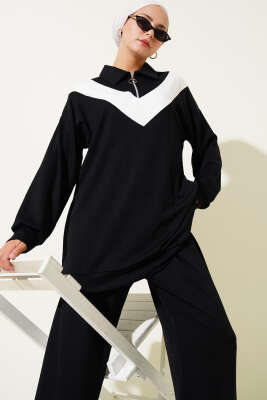 Pazarium - Loyşa Fermuarlı V Şeritli İkili Takım Siyah