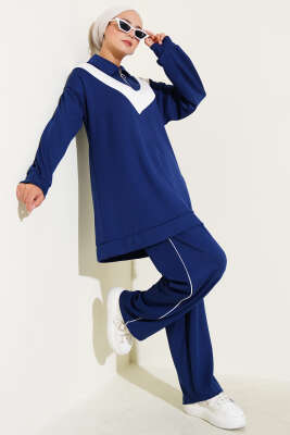 Pazarium - Loyşa Fermuarlı V Şeritli İkili Takım Lacivert